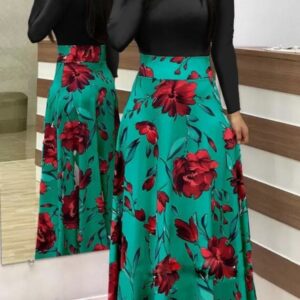 Floral Printed Green Red Flower Maxi Dress